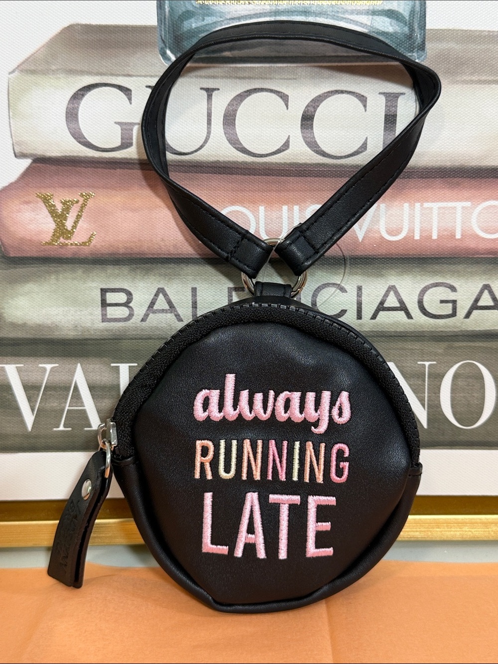 Jadelynn Brooke Black Mini Pouch with Pink Embroidery “always running late”